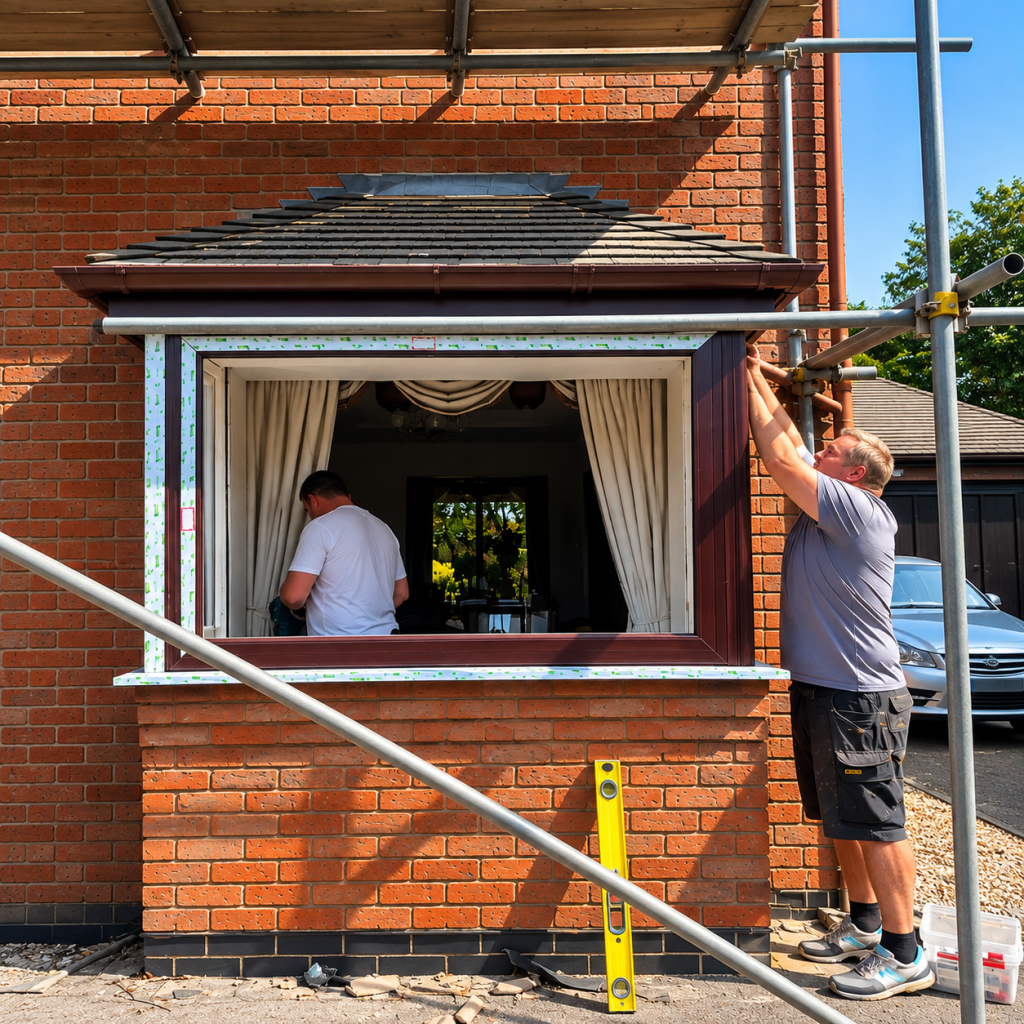 Window installers fitting a new uPVC bay window during a residential window replacement project.