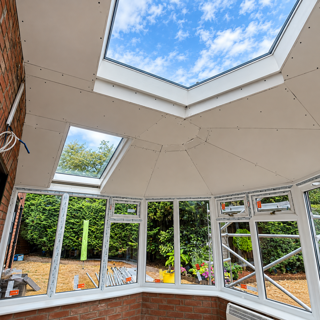 Conservatory renovation in progress with a newly insulated roof, two roof windows and white uPVC window frames.