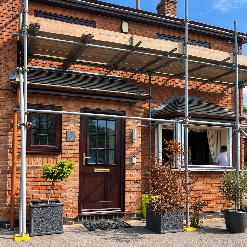Red brick house with dark brown leaded windows, matching bay window and open front door.