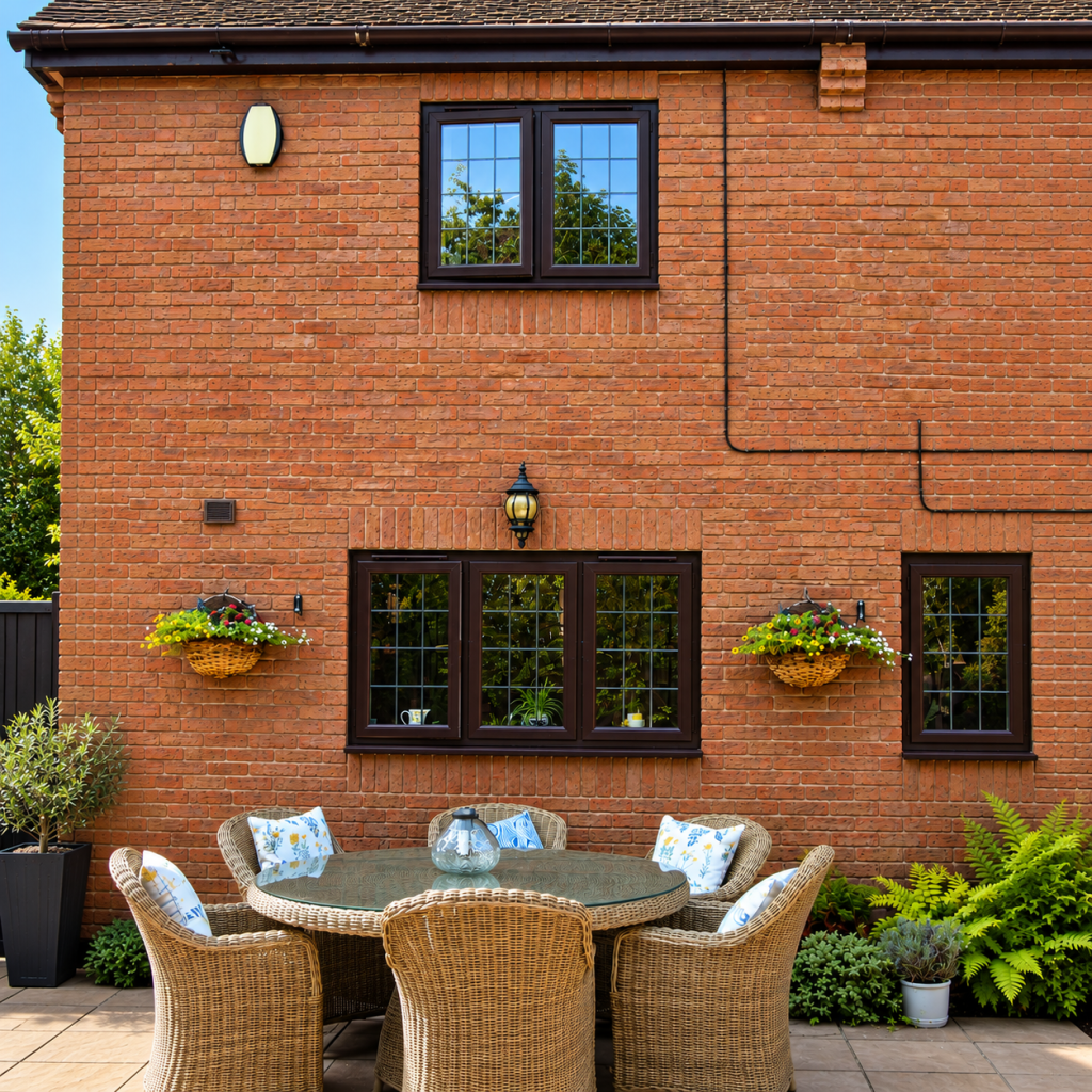 Brown uPVC windows with Georgian-style glazing bars installed on a red brick home, overlooking a furnished garden patio.