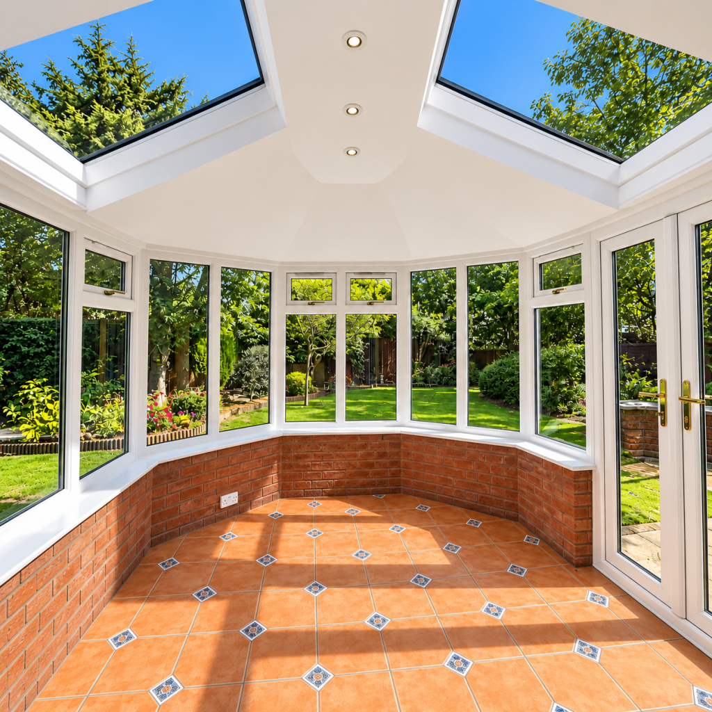Bright white conservatory with large windows, glass roof panels, brick dwarf walls and terracotta tiled flooring overlooking a green garden.