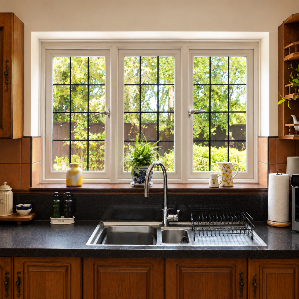 Cream uPVC kitchen window with black Georgian-style glazing bars above a stainless steel sink, overlooking a leafy garden.