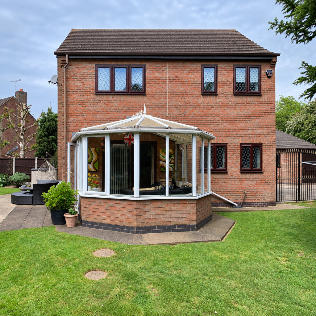Side view of old white uPVC conservatory with polycarbonate roof before garden room renovation.