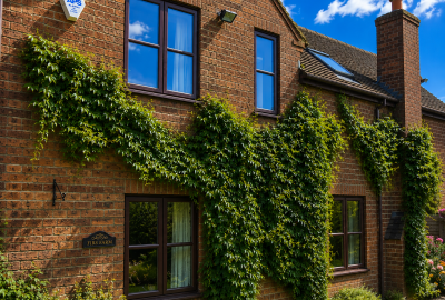 Brick house with ivy climbing the exterior walls, hardwood triple glazed windows and doors, Derby home installation
